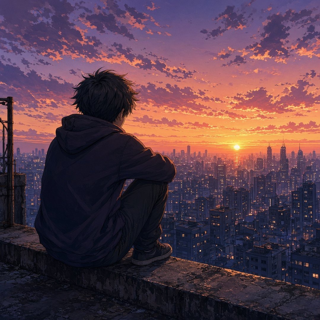 Anime Boy on Rooftop Anime DP – Anime style boy seen from behind sitting on a rooftop edge looking at a sunset city, not from any existing ani… (Anime DPS)