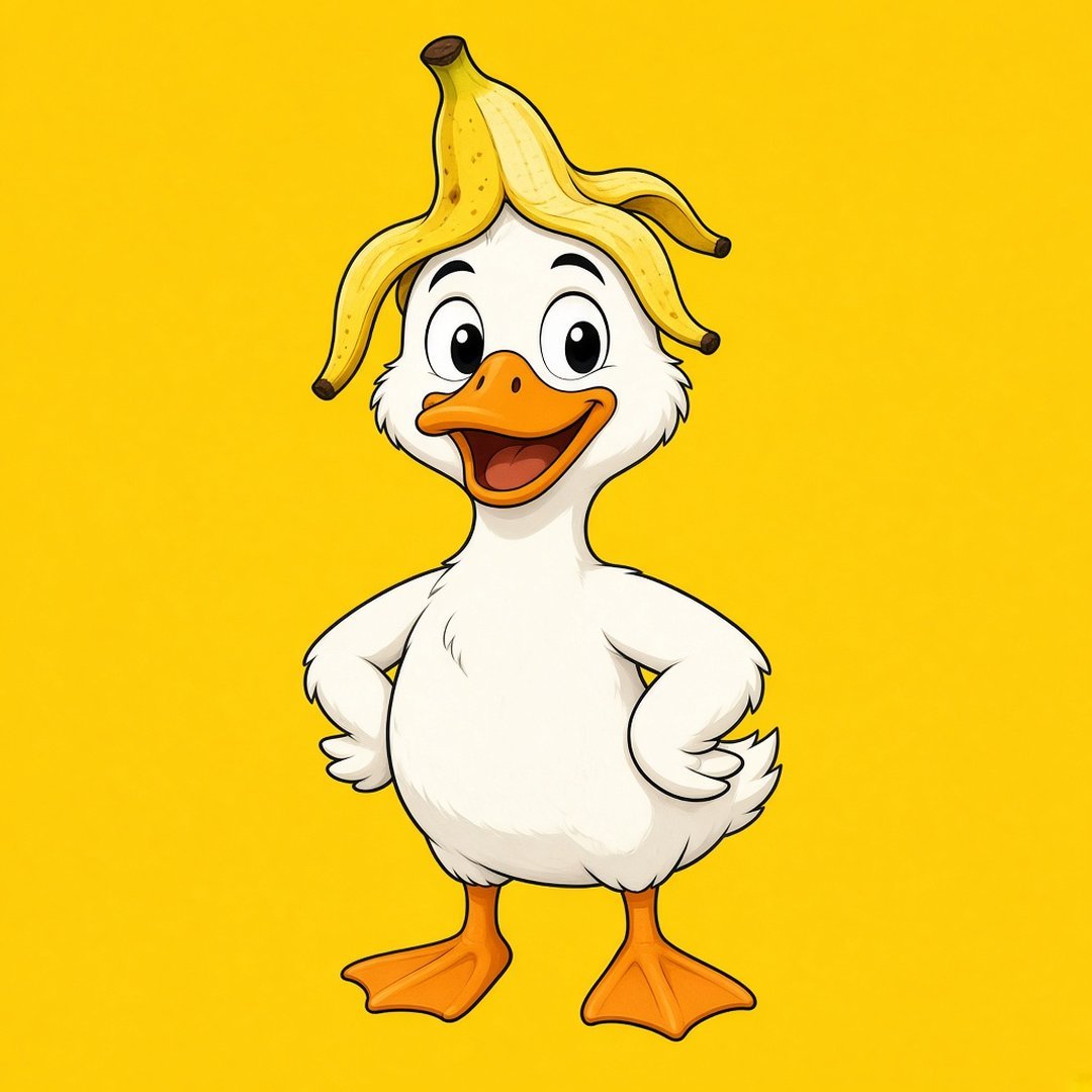 Banana Duck Funny DP – A cartoon duck wearing a banana peel as a hat, goofy expression, yellow background. A free HD funny DP for Wha… (Funny DPS)