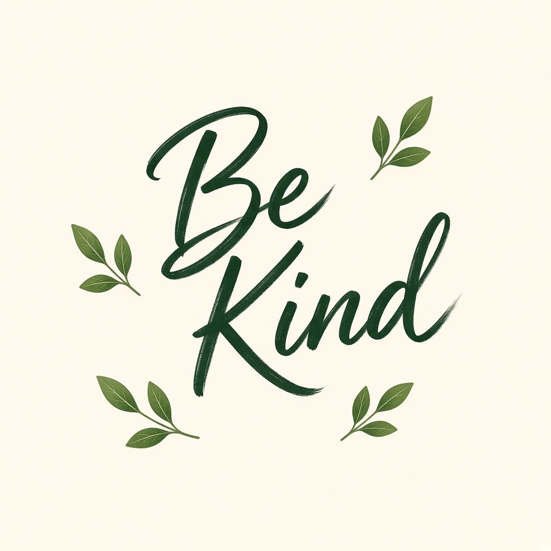 Be Kind Quote DP – The words "Be Kind" in handwritten brush script in dark green centered on a cream background with small leaves… (Quotes DPS)