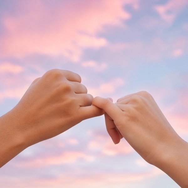 Best Friends Pinky Promise Friends DP – Close-up of two hands making a pinky promise against a soft pastel sky. A free HD friends DP for WhatsApp, Ins… (Friends DPS)