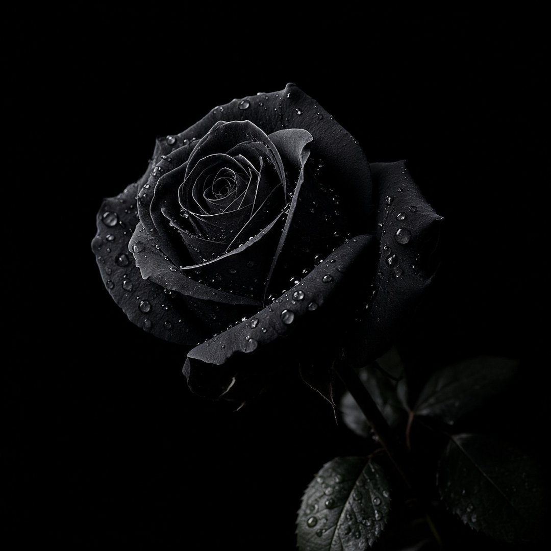 Black Rose Black DP – A single black rose with water drops on a pure black background, dramatic side light. A free HD black DP for W… (Black DPS)