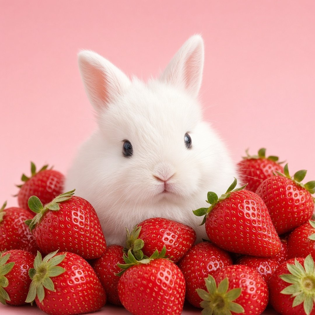 Bunny With Strawberries Cute DP – A tiny white bunny sitting among fresh strawberries on a pink background. A free HD cute DP for WhatsApp, Inst… (Cute DPS)