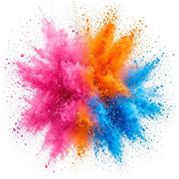 Colour Explosion Holi DP – An explosion of pink, orange and blue powder clouds against a white background. A free HD holi DP for WhatsApp… (Holi DPS)