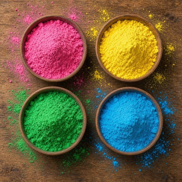 Colour Powder Bowls Holi DP – Bowls of bright pink, yellow, green and blue gulal powder on a wooden table, top view. A free HD holi DP for W… (Holi DPS)