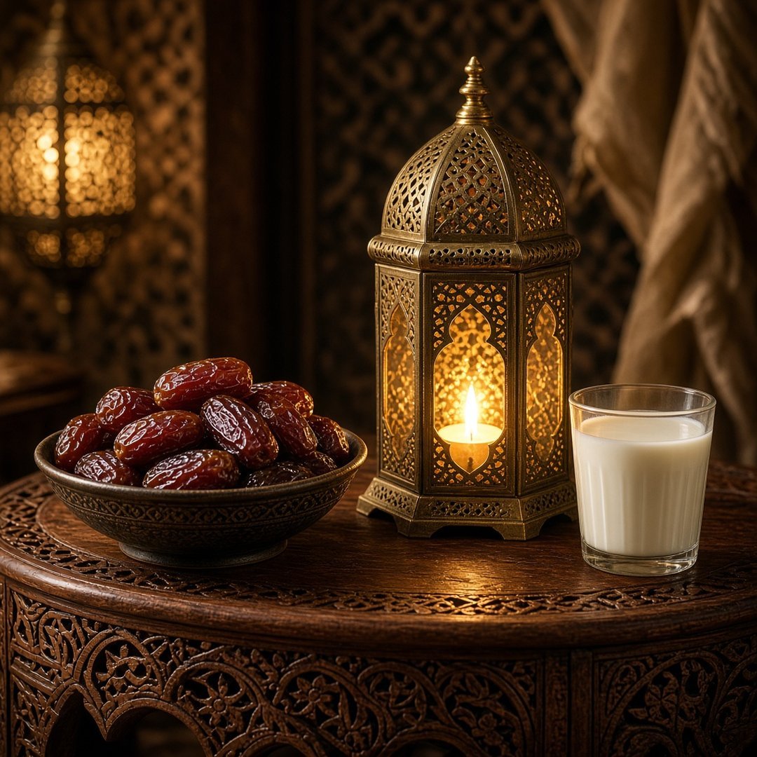 Dates and Lantern Eid DP – A bowl of dates beside a lit brass lantern and a small glass of milk on a carved wooden table, warm festive li… (Eid DPS)