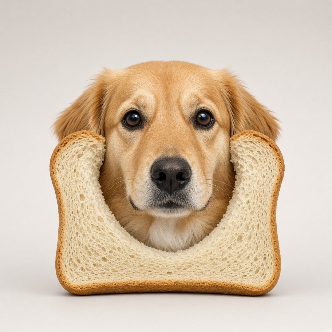 Dog in Bread Funny DP – A dog with its head poking through a slice of bread, studio background, comedic. A free HD funny DP for WhatsA… (Funny DPS)