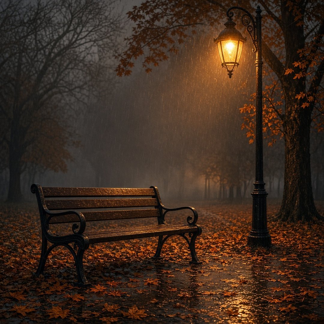 Empty Bench in Autumn Rain Sad DP – An empty park bench under a single street lamp in autumn rain, fallen leaves, foggy evening. A free HD sad DP… (Sad DPS)