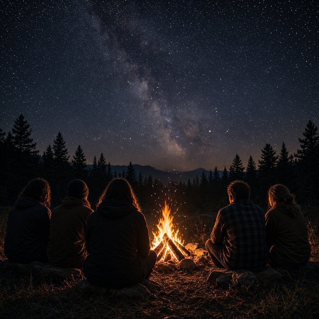 Friends Around Campfire Friends DP – Group of friends seen from behind sitting around a campfire under a starry sky, warm glow. A free HD friends D… (Friends DPS)