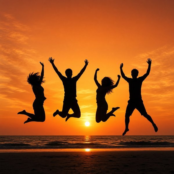 Friends Jumping Silhouette Friends DP – Silhouettes of four friends jumping on a beach at sunset. A free HD friends DP for WhatsApp, Instagram and Fac… (Friends DPS)