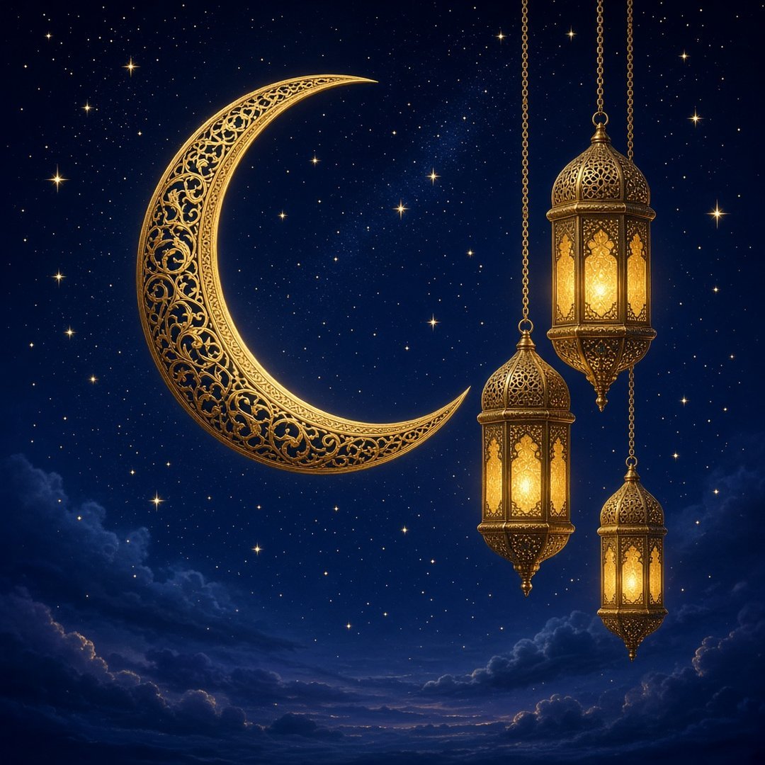 Golden Crescent and Lanterns Eid DP – A golden crescent moon with hanging ornate Arabic lanterns glowing against a deep navy night sky with stars, e… (Eid DPS)