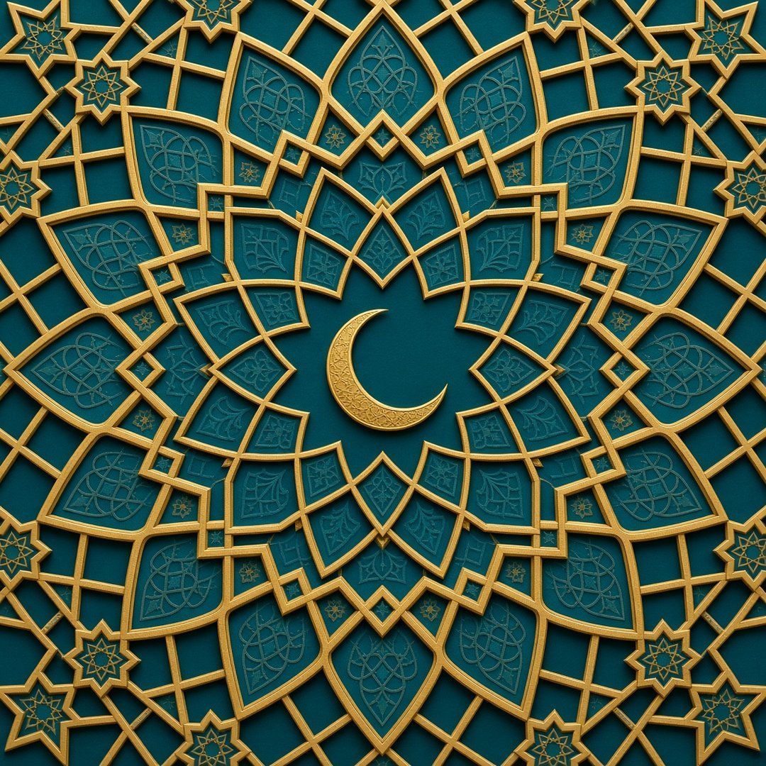 Islamic Geometric Pattern Eid DP – An intricate gold and teal Islamic geometric star pattern with a small crescent moon in the center, symmetrica… (Eid DPS)