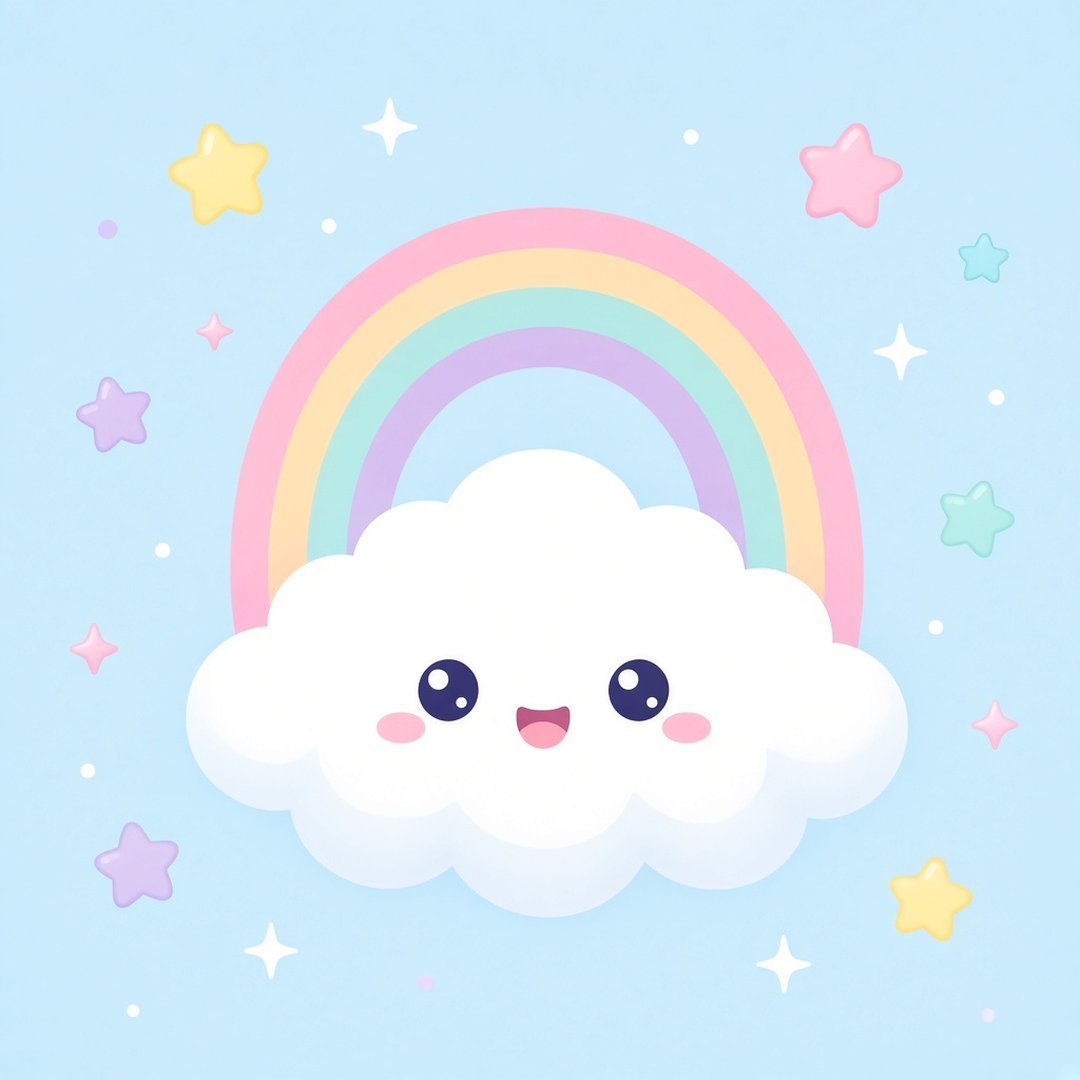 Kawaii Cloud and Rainbow Cute DP – A smiling kawaii cloud character with a pastel rainbow and little stars, flat cute illustration. A free HD cut… (Cute DPS)