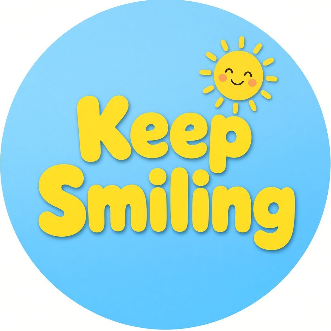 Keep Smiling Quote DP – The words "Keep Smiling" in cheerful rounded yellow letters centered on a sky blue background with a small sun… (Quotes DPS)