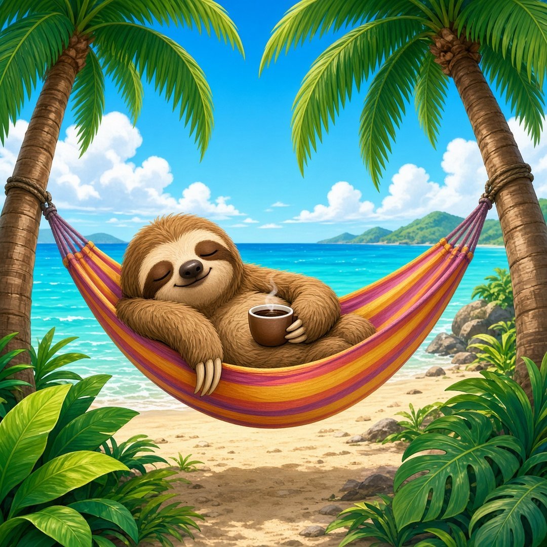 Lazy Sloth Funny DP – A cartoon sloth asleep in a hammock holding a coffee cup, silly. A free HD funny DP for WhatsApp, Instagram an… (Funny DPS)