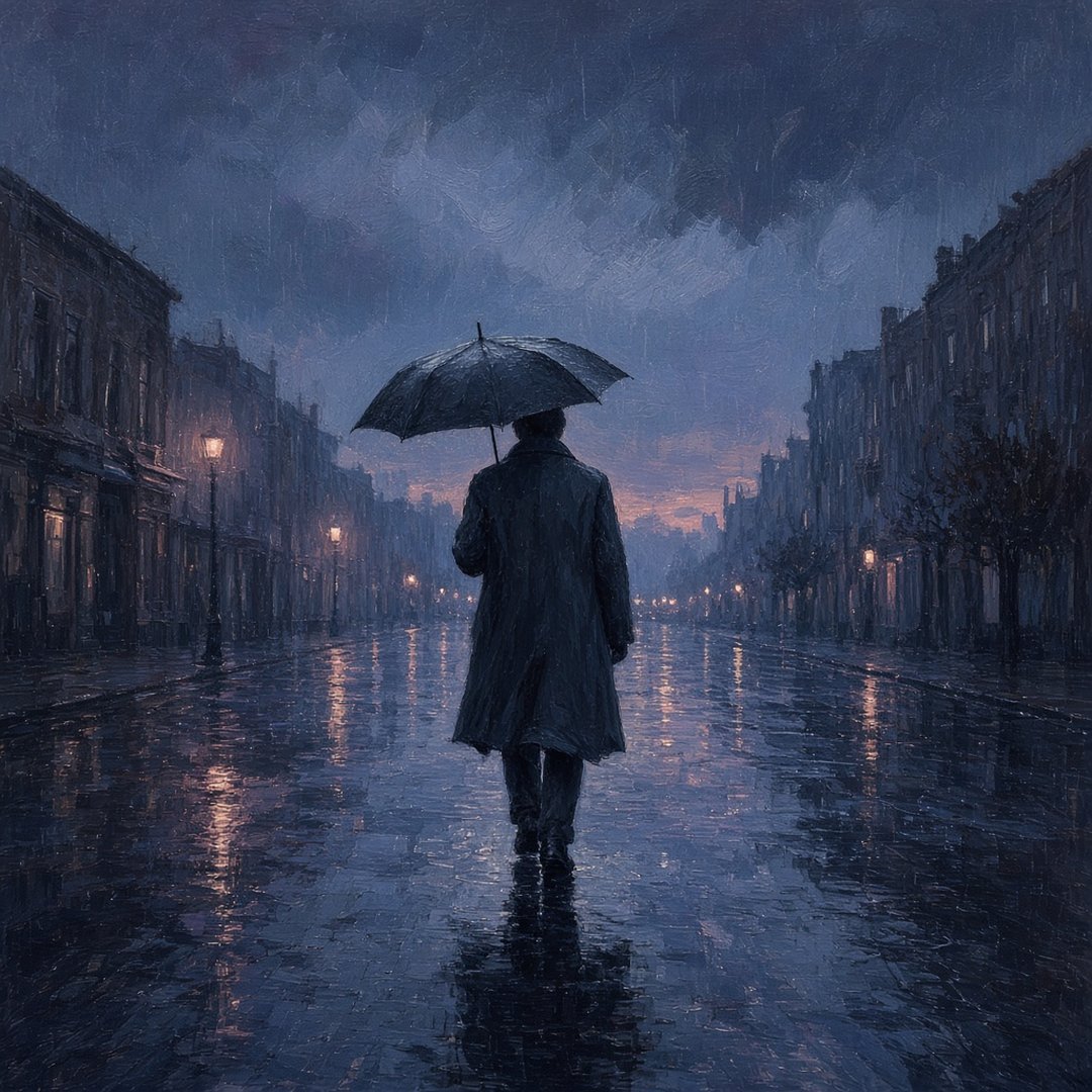 Lonely Umbrella in Blue Rain Sad DP – Painterly illustration. A free HD sad DP for WhatsApp, Instagram and Facebook profile pictures. (Sad DPS)