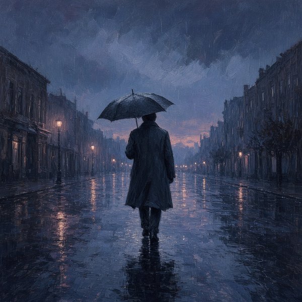 Lonely Umbrella in Blue Rain Sad DP – Painterly illustration. A free HD sad DP for WhatsApp, Instagram and Facebook profile pictures. (Sad DPS)