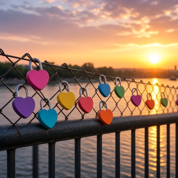 Love Locks on a Bridge Love DP – Colorful heart-shaped padlocks hanging on a bridge railing with a river and sunset behind. A free HD love DP f… (Love DPS)