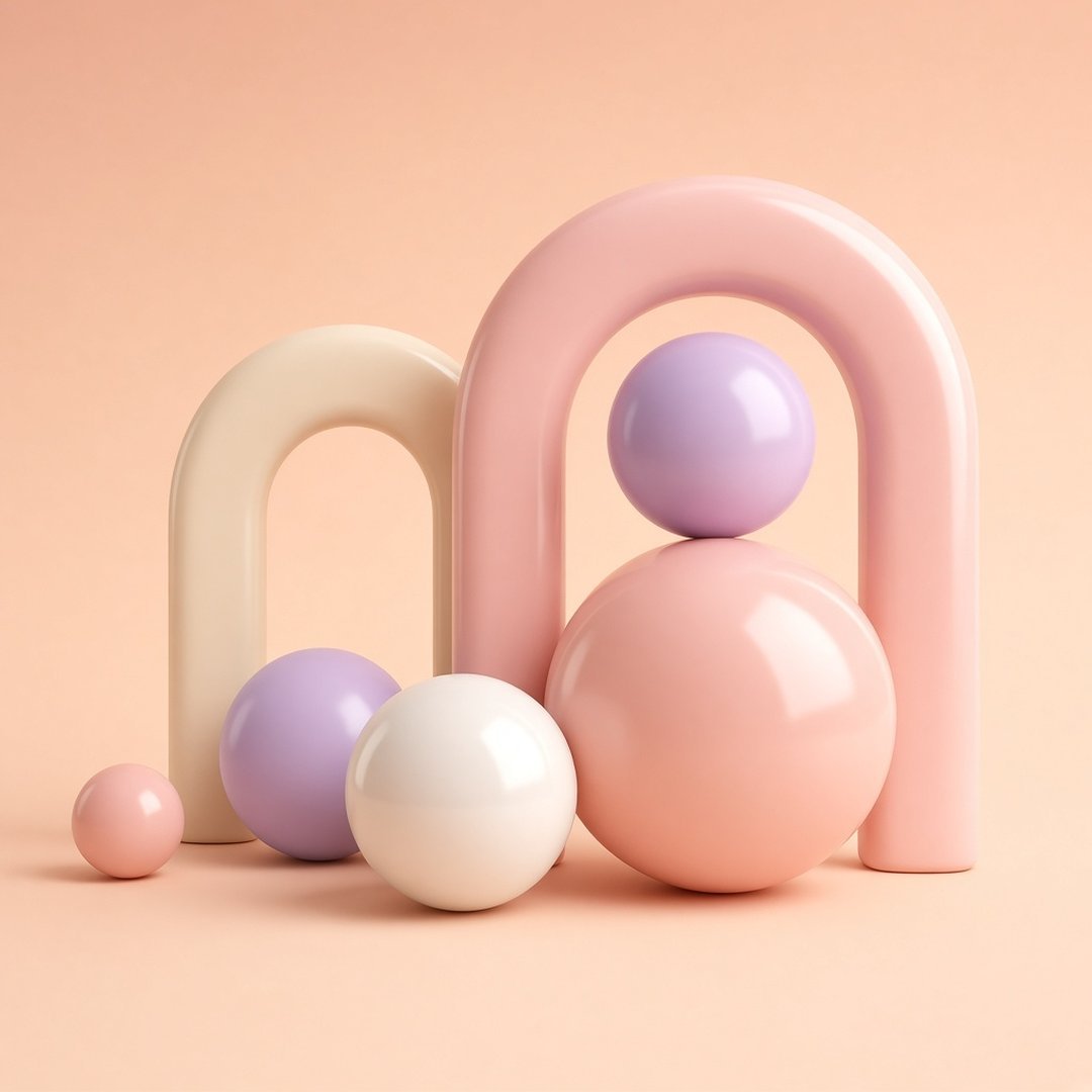 Minimal 3D Abstract Shapes Stylish DP – Minimal 3D render of glossy pastel spheres and arches on a soft peach background. A free HD stylish DP for Wha… (Stylish DPS)