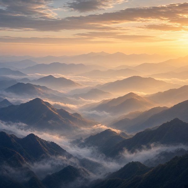 Misty Mountain Sunrise Nature DP – Misty mountain ranges at sunrise with golden light and layered blue peaks, landscape photography. A free HD na… (Nature DPS)