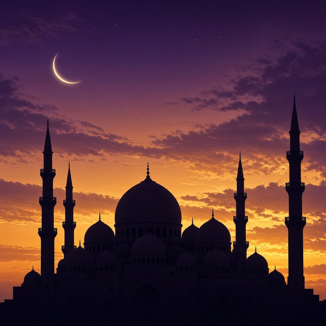 Mosque Silhouette at Dusk Eid DP – Silhouette of a mosque with domes and minarets against a purple and gold dusk sky with a thin crescent moon. A… (Eid DPS)