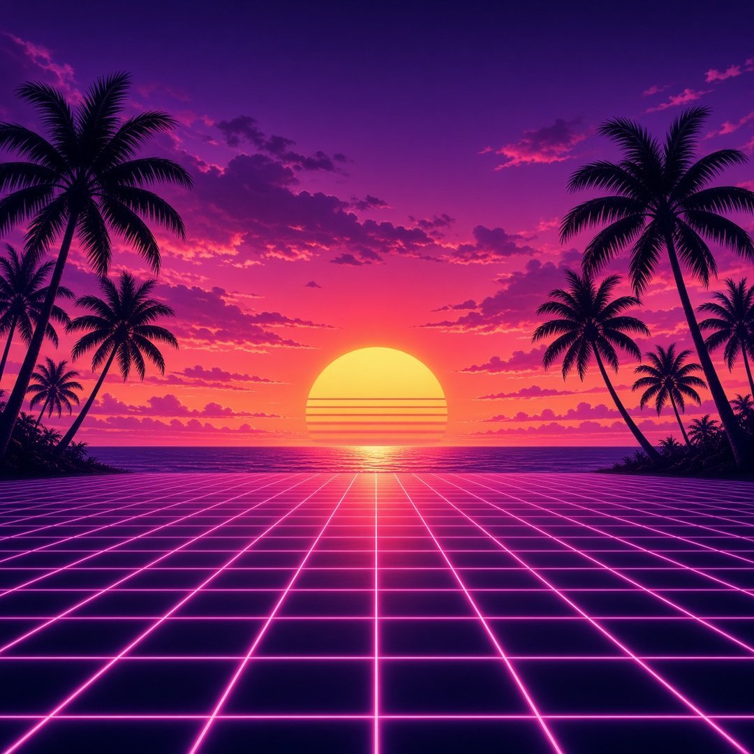 Neon Retro Sunset Stylish DP – Synthwave retro sunset with a neon grid floor and palm tree silhouettes, purple and pink glow. A free HD styli… (Stylish DPS)