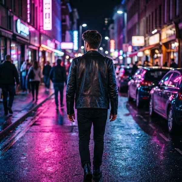 Neon Street Walk WhatsApp Boys Stylish DP – A boy in a jacket from behind on a neon-lit wet street. A free HD whatsapp boys stylish DP for WhatsApp, Insta…