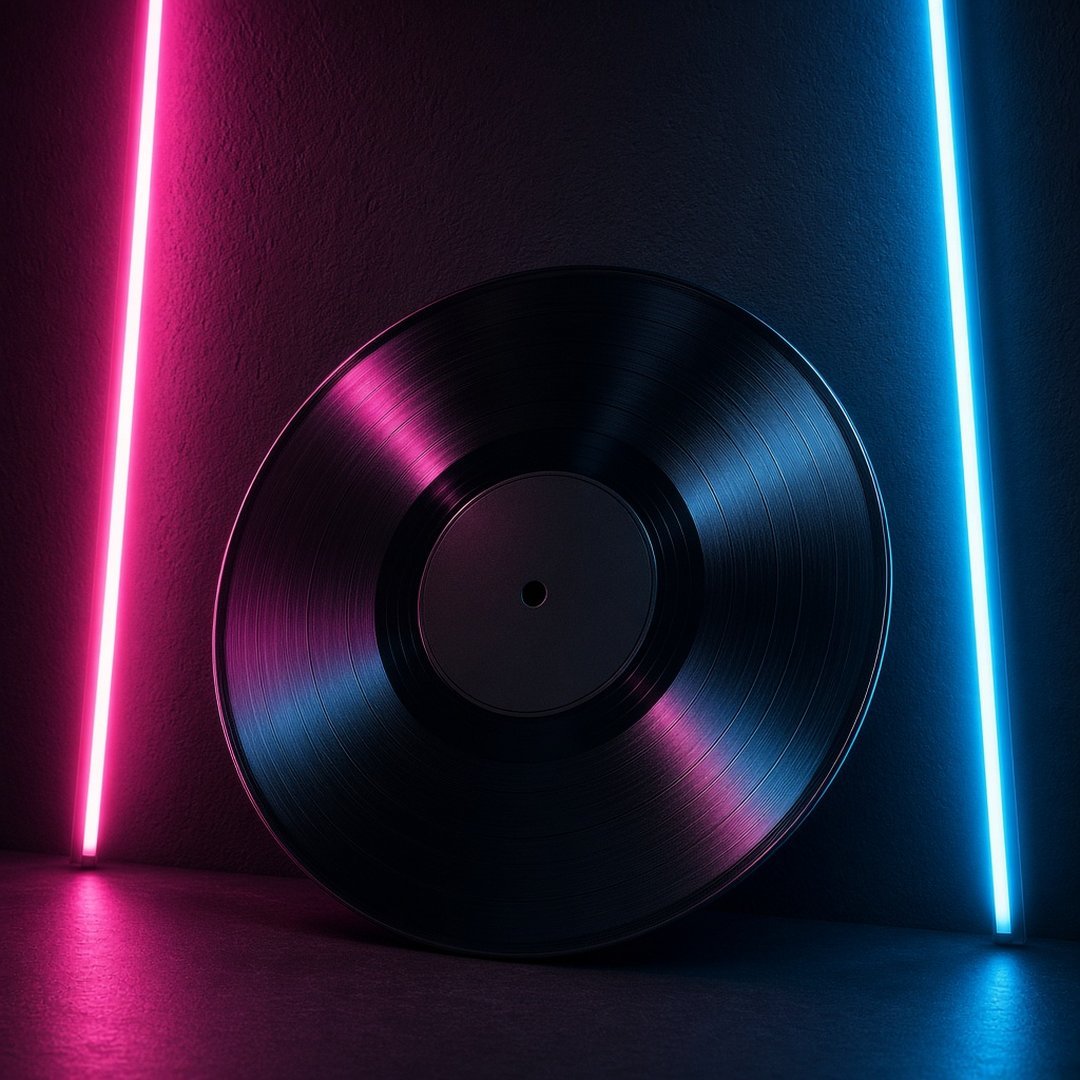 Neon Vinyl Record Stylish DP – A black vinyl record with a blank label lit by pink and blue neon light strips. A free HD stylish DP for Whats… (Stylish DPS)