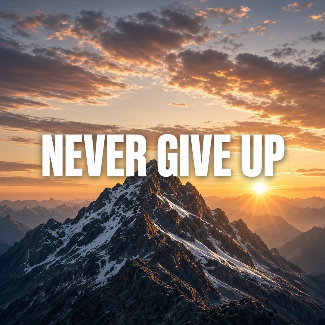 Never Give Up Quote DP – The words "Never Give Up" in bold white capital letters centered over a mountain peak at sunrise. A free HD qu… (Quotes DPS)