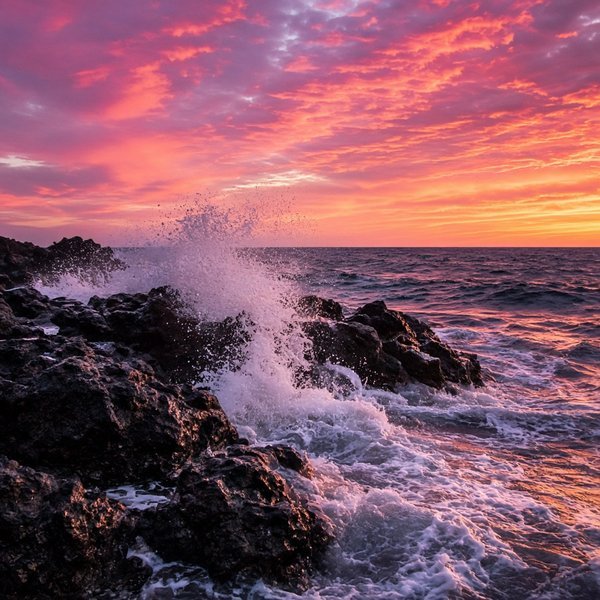 Ocean Sunset Waves Nature DP – Ocean waves crashing on rocks at a vibrant pink and orange sunset. A free HD nature DP for WhatsApp, Instagram… (Nature DPS)