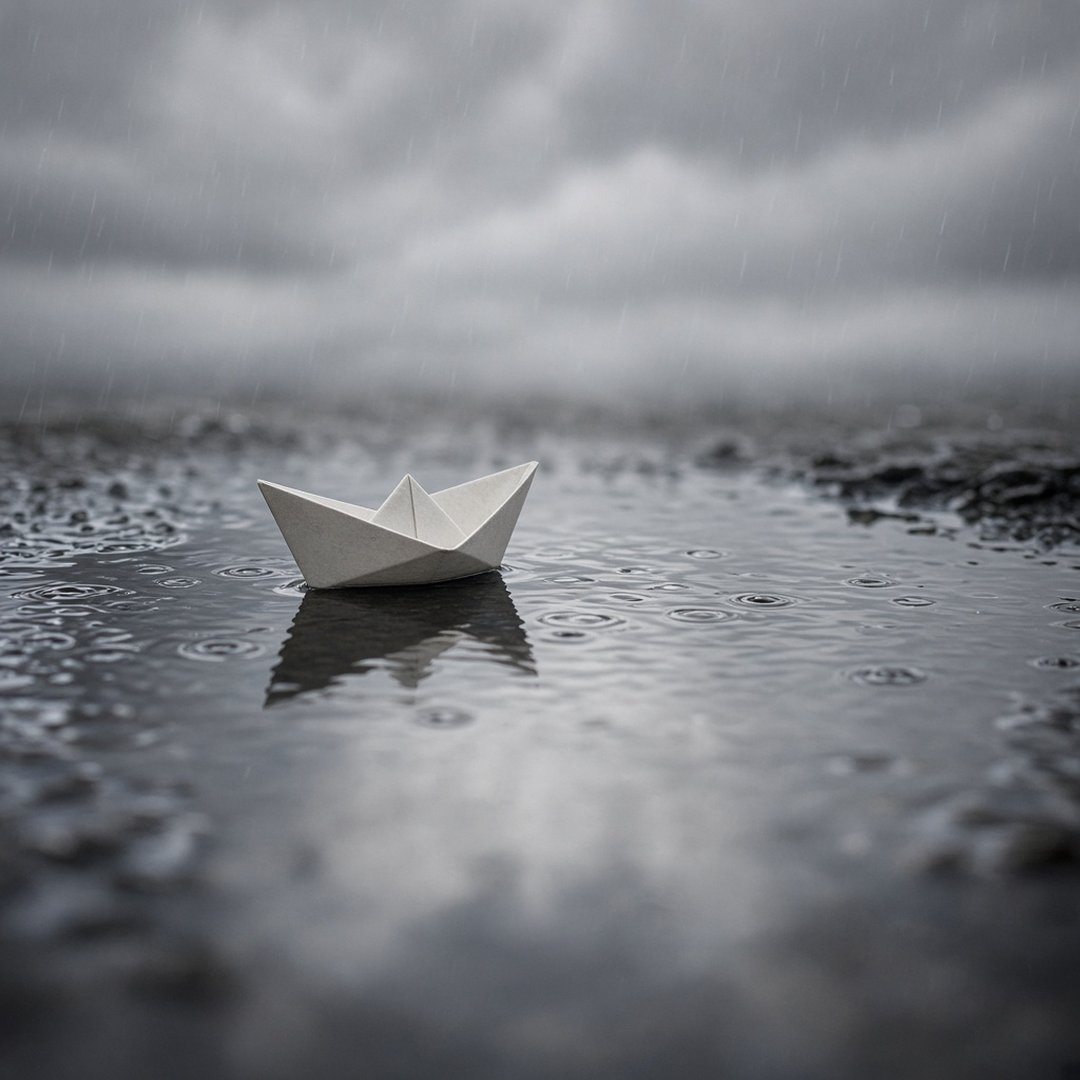 Paper Boat in a Puddle Sad DP – A small white paper boat floating alone in a rain puddle reflecting grey sky, shallow depth of field. A free H… (Sad DPS)