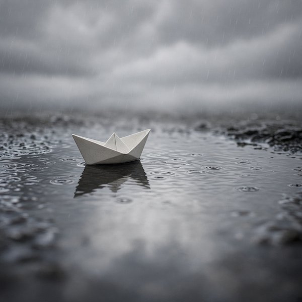 Paper Boat in a Puddle Sad DP – A small white paper boat floating alone in a rain puddle reflecting grey sky, shallow depth of field. A free H… (Sad DPS)