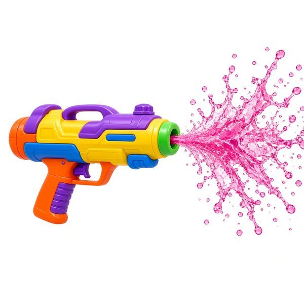 Pichkari Splash Holi DP – A colourful toy water gun spraying pink coloured water, splash frozen in motion. A free HD holi DP for WhatsAp… (Holi DPS)