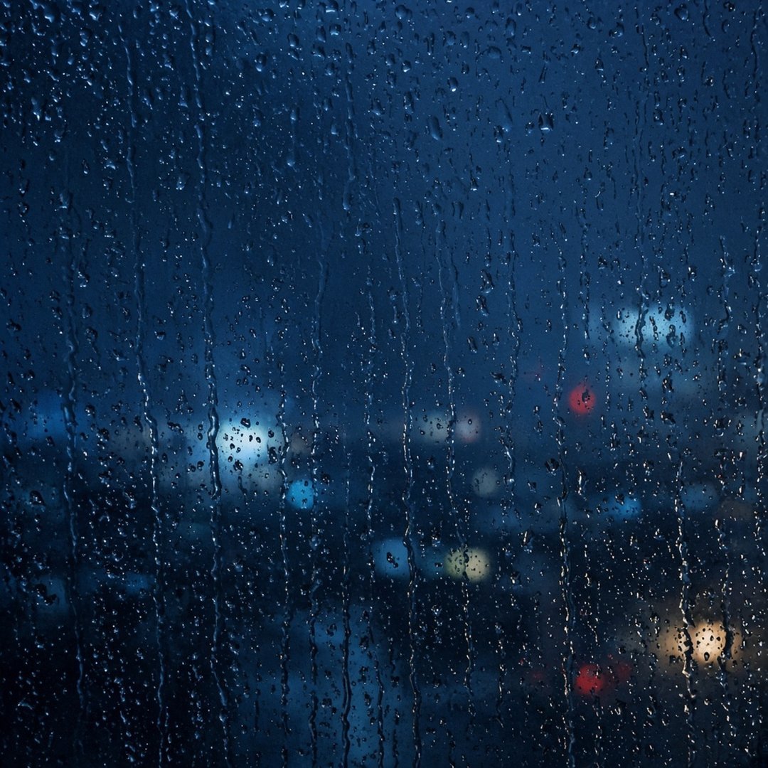 Rain on Window at Night Sad DP – Raindrops running down a window glass at night with blurred city lights behind, melancholic blue tones, photog… (Sad DPS)