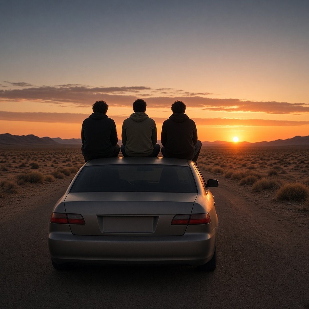 Road Trip Friends DP – Three friends seen from behind sitting on the roof of a car at sunset on an open road. A free HD friends DP fo… (Friends DPS)