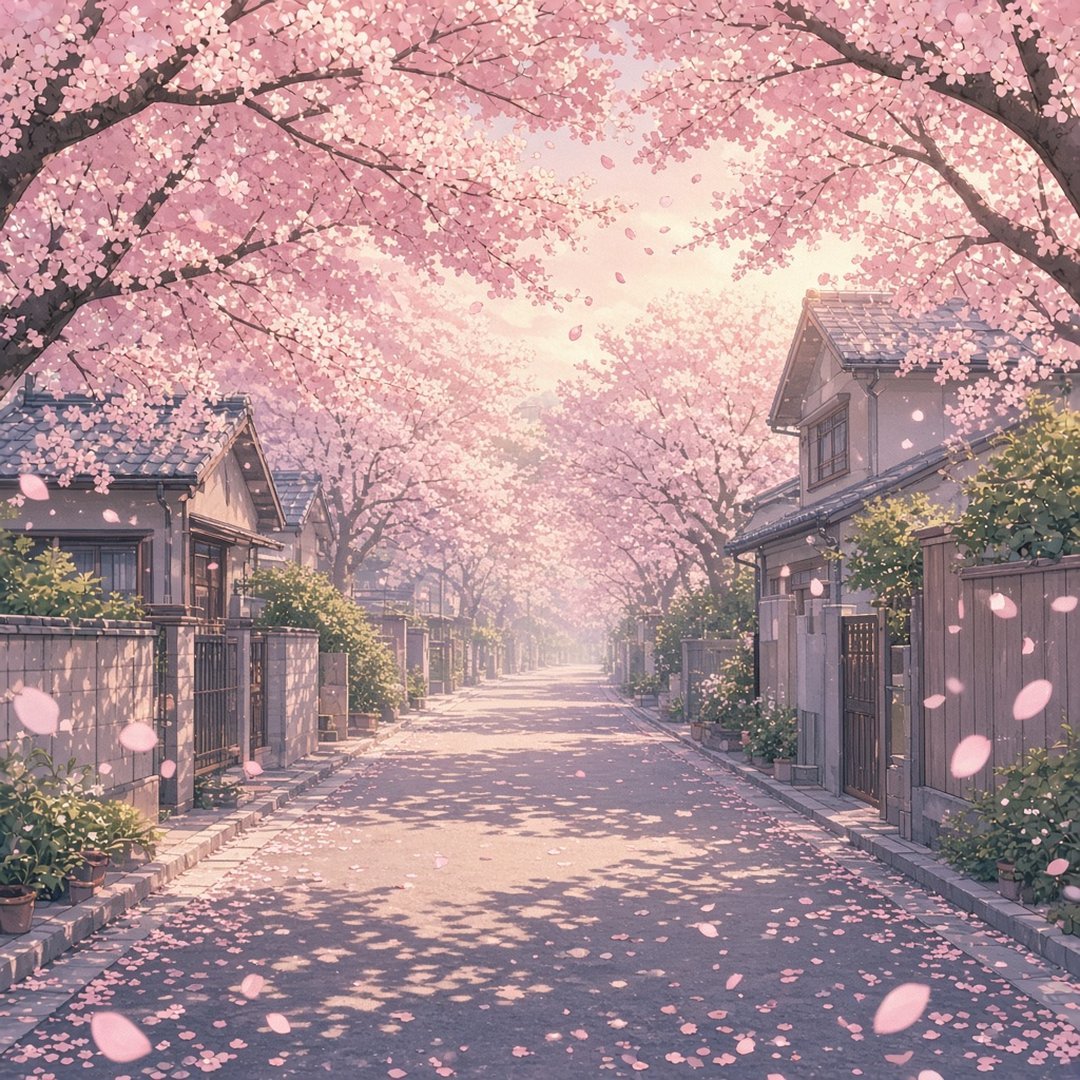 Sakura Street Anime DP – Anime style empty street lined with cherry blossom trees and falling petals, soft sunlight. A free HD anime DP… (Anime DPS)