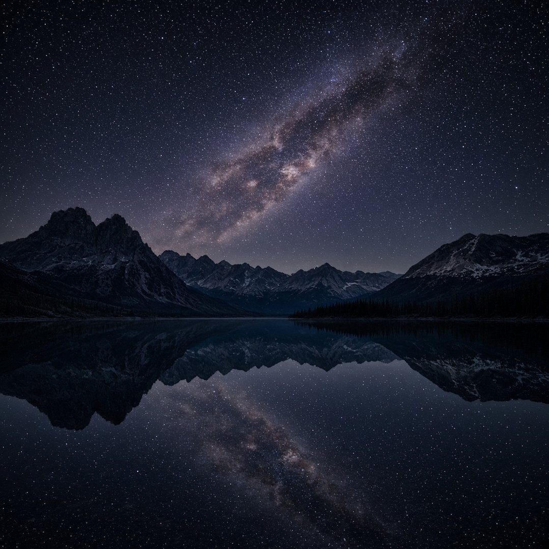 Starry Sky Over Lake Nature DP – The Milky Way over a calm mountain lake with reflections, night landscape photography. A free HD nature DP for… (Nature DPS)