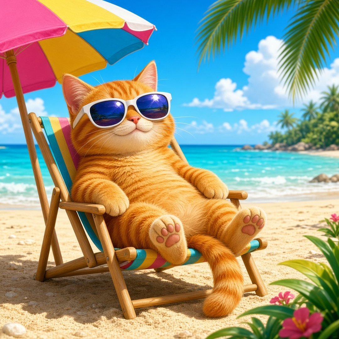 Sunglasses Cat Funny DP – A cat wearing oversized sunglasses lounging on a beach chair, comedic, bright. A free HD funny DP for WhatsApp… (Funny DPS)