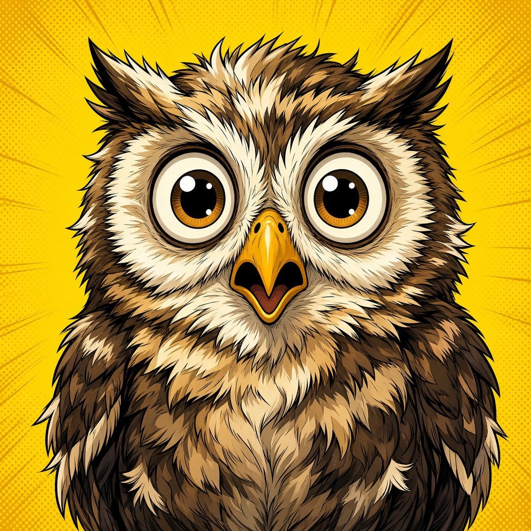 Surprised Owl Funny DP – A cartoon owl with huge shocked eyes and ruffled feathers, comic style. A free HD funny DP for WhatsApp, Insta… (Funny DPS)