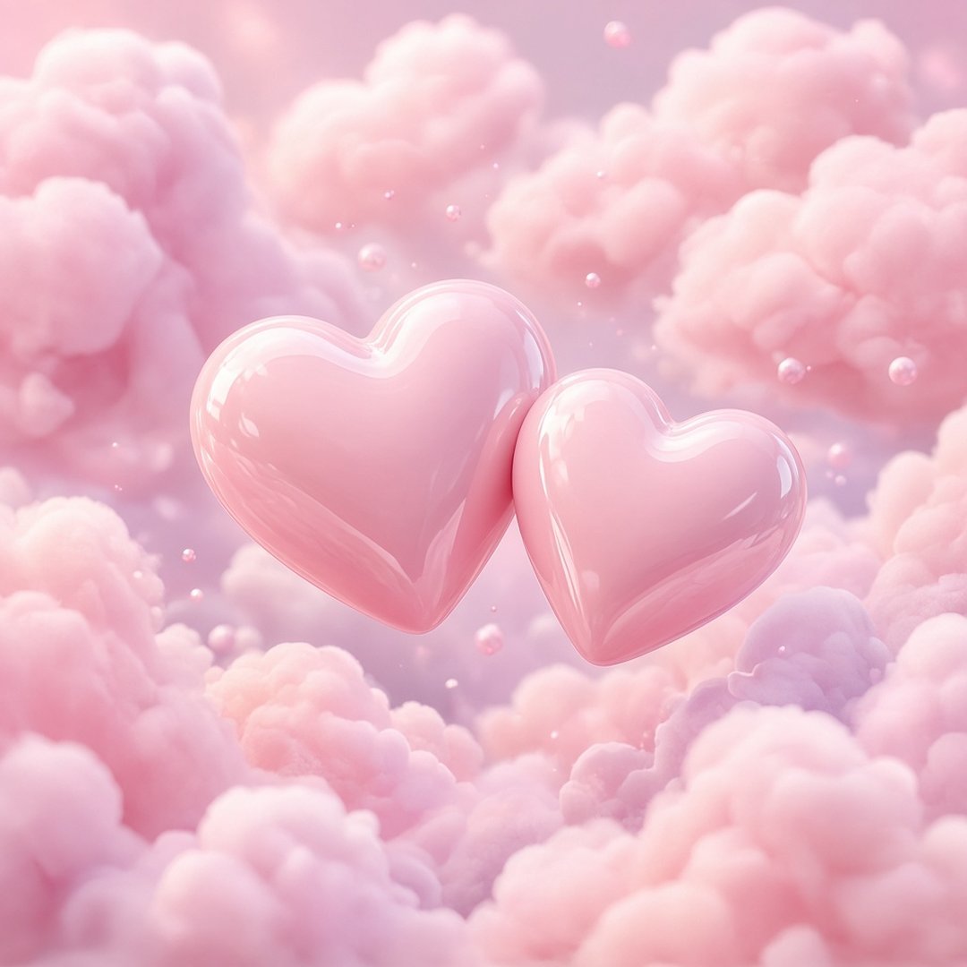 Two Hearts in the Clouds Love DP – Two soft pink 3D hearts floating together among fluffy pastel clouds, dreamy cute render. A free HD love DP fo… (Love DPS)