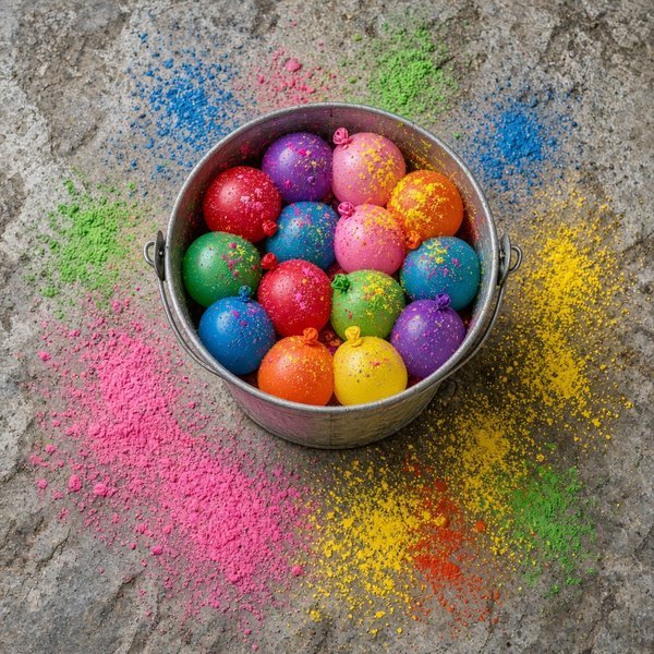 Water Balloons Holi DP – A bucket of colourful water balloons with colour powder scattered around. A free HD holi DP for WhatsApp, Inst… (Holi DPS)