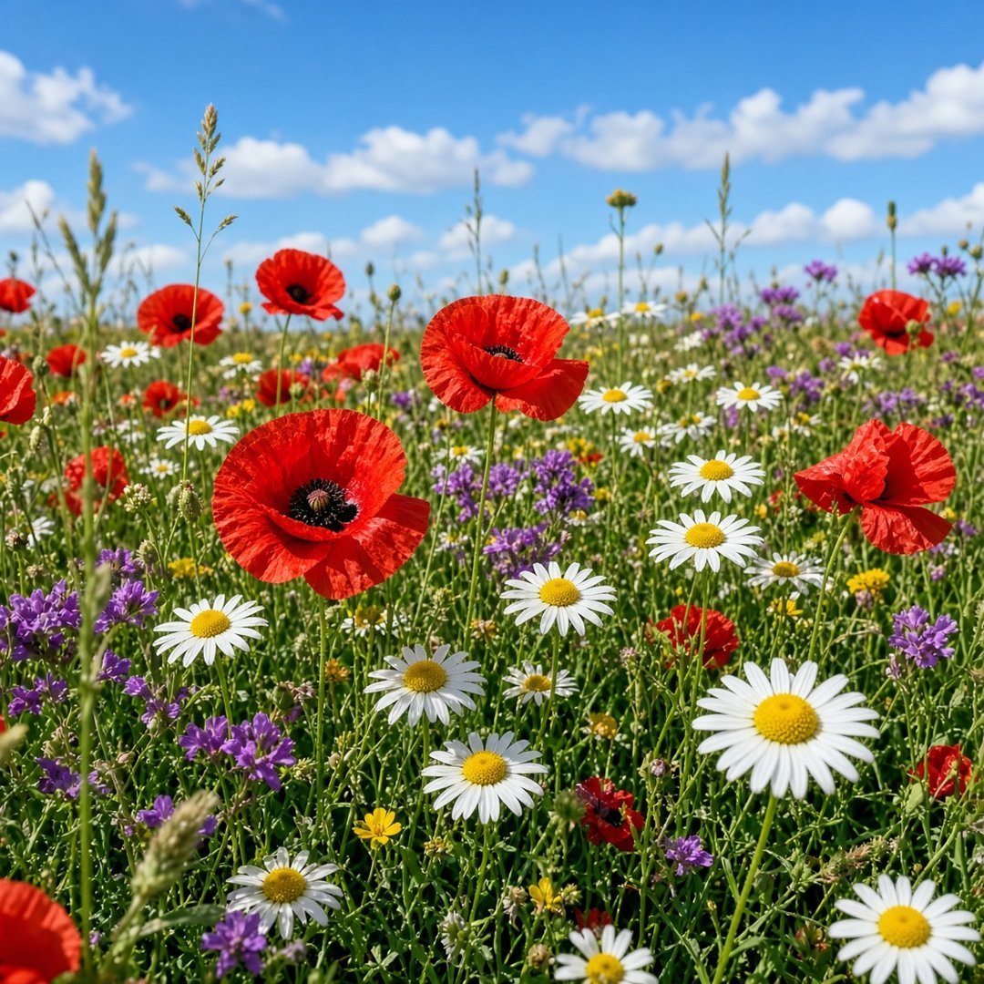 Wildflower Meadow Nature DP – A colorful wildflower meadow with poppies and daisies under a blue sky, close-up. A free HD nature DP for What… (Nature DPS)