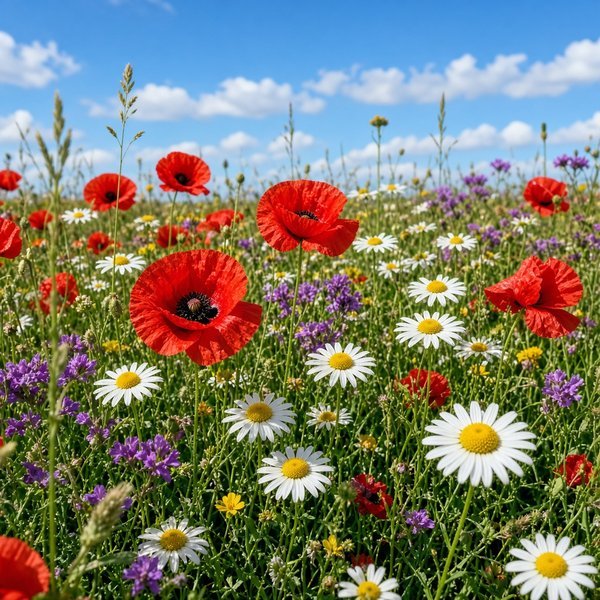 Wildflower Meadow Nature DP – A colorful wildflower meadow with poppies and daisies under a blue sky, close-up. A free HD nature DP for What… (Nature DPS)