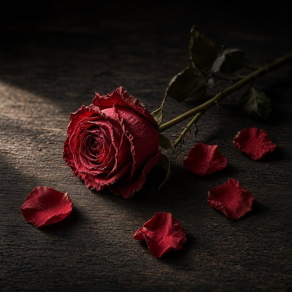 Wilting Red Rose Sad DP – A single wilting red rose with fallen petals on a dark wooden table, soft dramatic light. A free HD sad DP for… (Sad DPS)